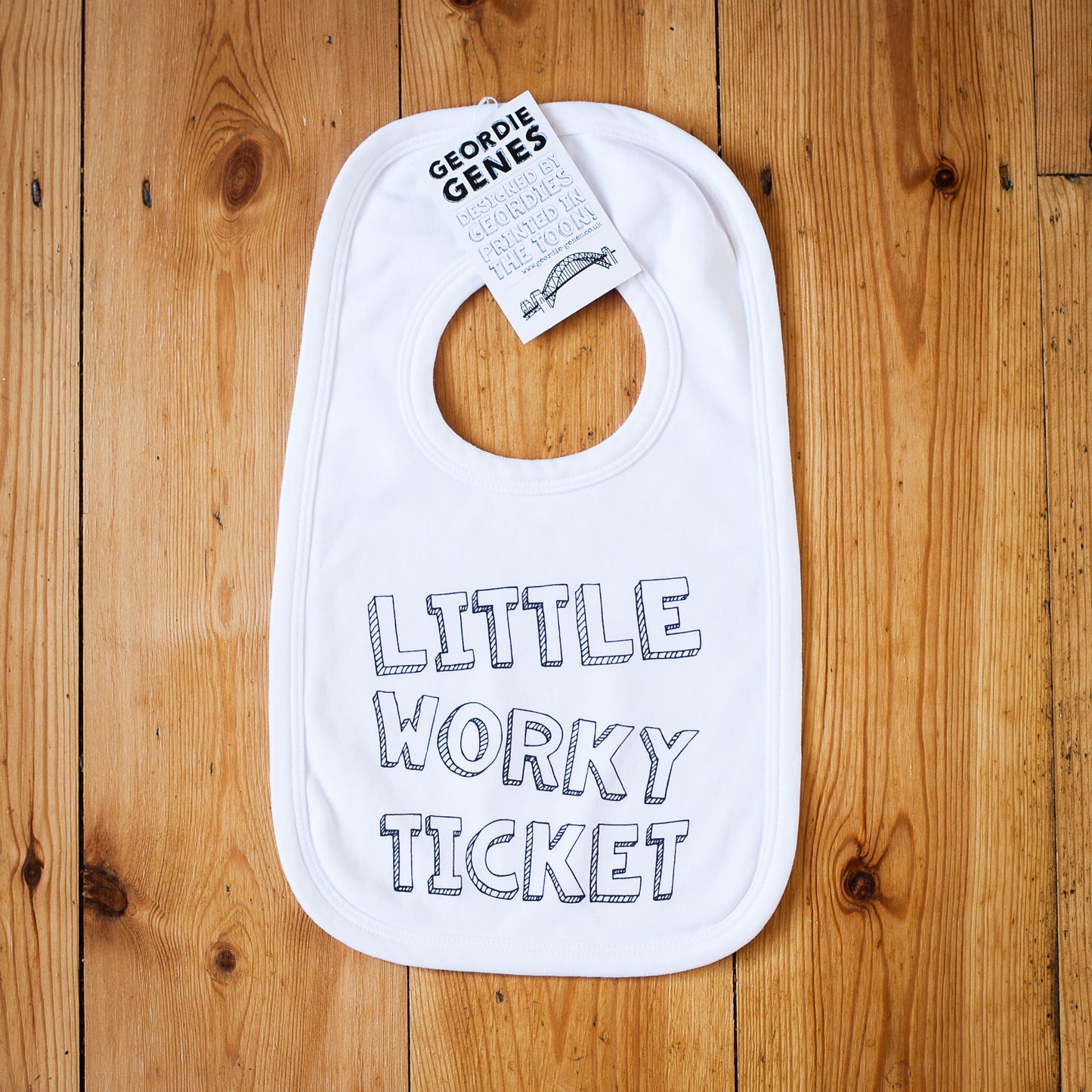 Geordie Genes Little Worky Ticket Baby Bib (White)