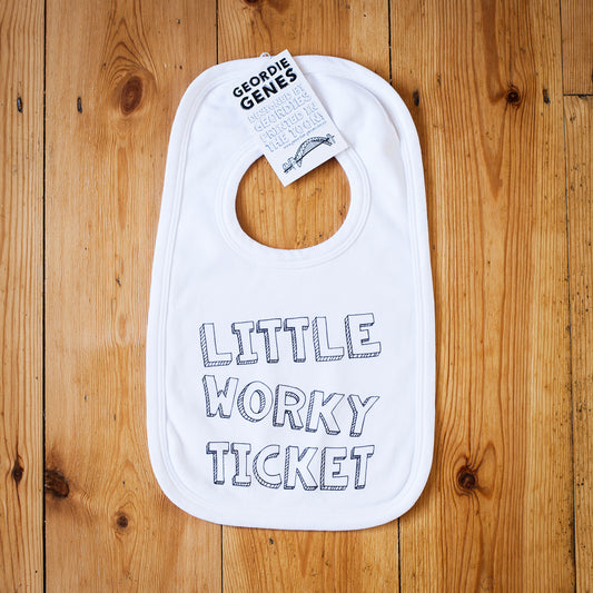 Geordie Genes Little Worky Ticket Baby Bib (White)